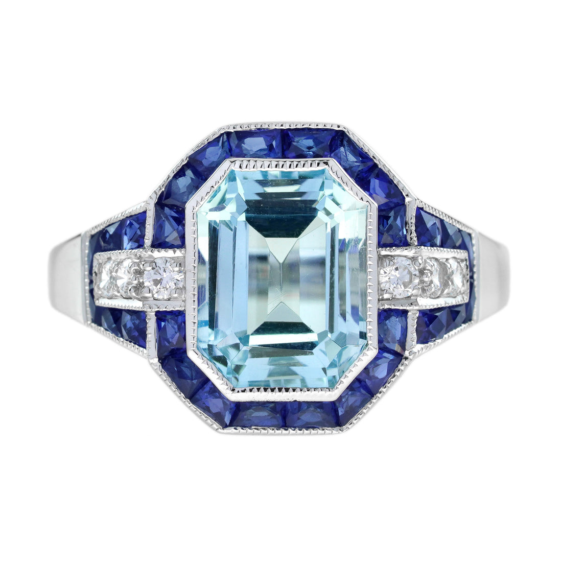 Emerald Cut Blue Topaz & Sapphire Diamond Halo Art Deco Style White Gold Ring