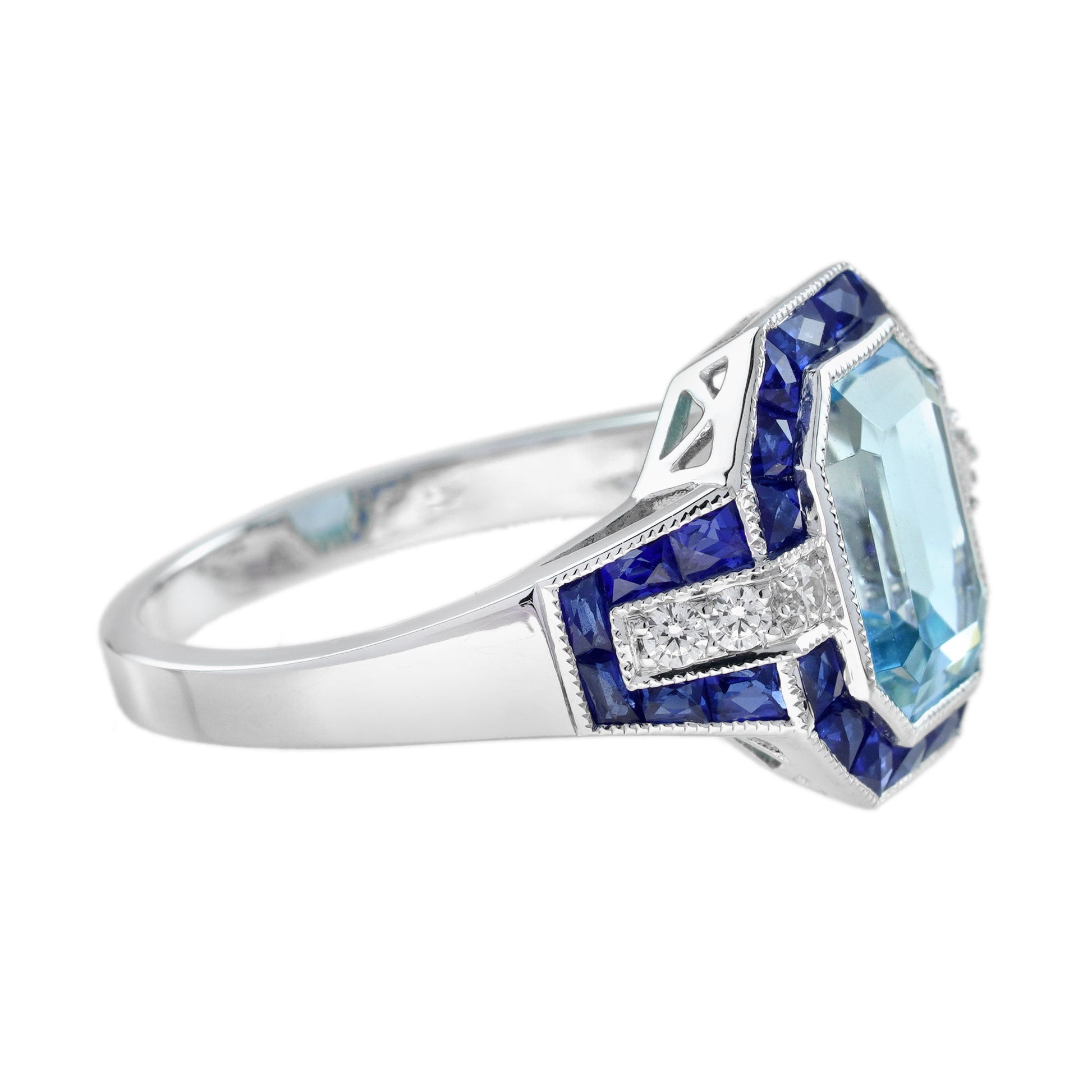 Emerald Cut Blue Topaz & Sapphire Diamond Halo Art Deco Style White Gold Ring