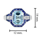 Emerald Cut Blue Topaz & Sapphire Diamond Halo Art Deco Style White Gold Ring
