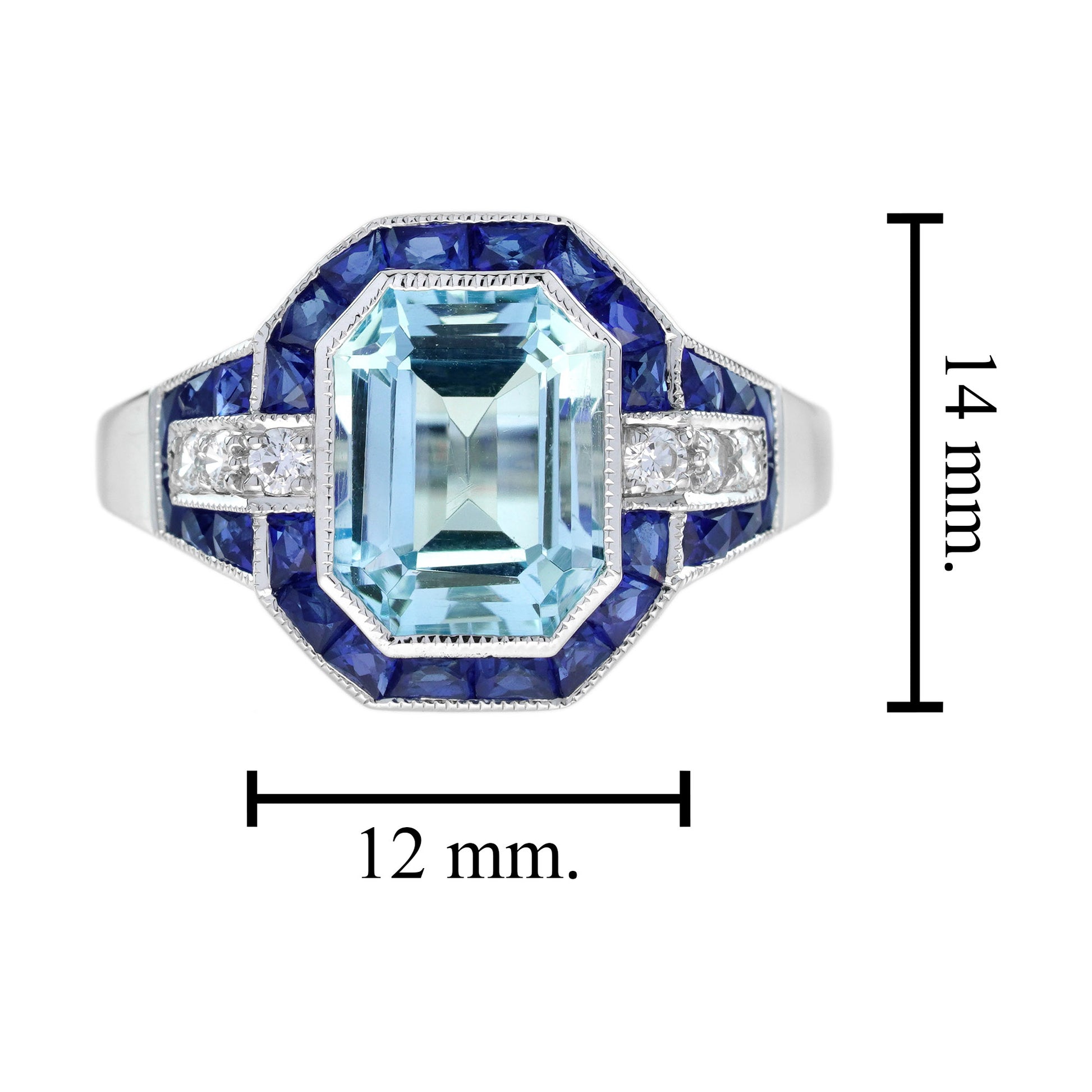 Emerald Cut Blue Topaz & Sapphire Diamond Halo Art Deco Style White Gold Ring