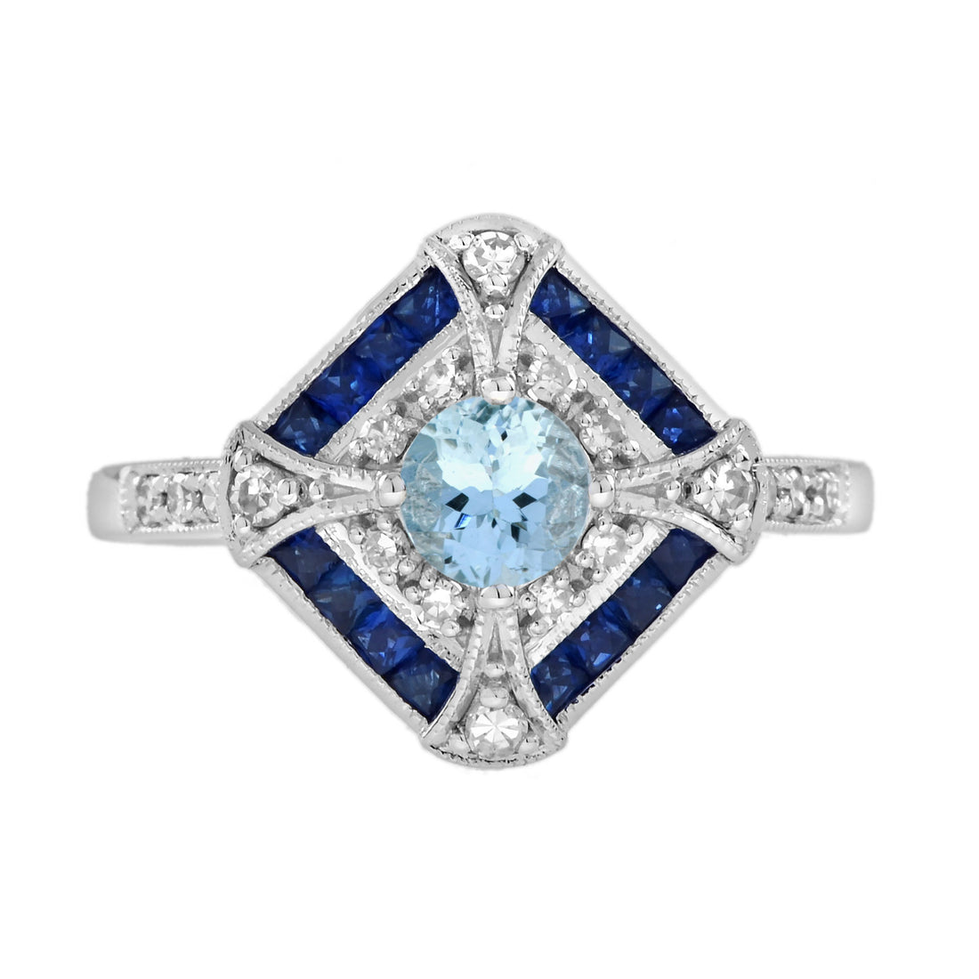 Blue Aquamarine & Blue Sapphire Diamond Halo Art Deco Style White Gold Ring