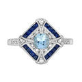 1.80 Ctw Art Deco Style Aquamarine, Blue Sapphire & Diamond 14K White Gold Ring