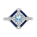 1.80 Ctw Art Deco Style Aquamarine, Blue Sapphire & Diamond 14K White Gold Ring