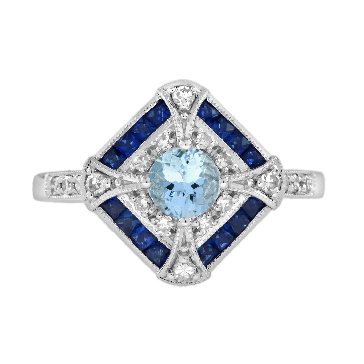 Blue Aquamarine &amp; Blue Sapphire Diamond Halo Art Deco Style White Gold Ring