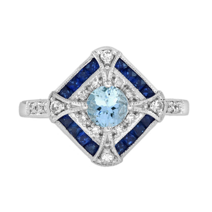 Blue Aquamarine &amp; Blue Sapphire Diamond Halo Art Deco Style White Gold Ring