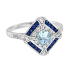 Blue Aquamarine & Blue Sapphire Diamond Halo Art Deco Style White Gold Ring