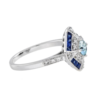 Blue Aquamarine &amp; Blue Sapphire Diamond Halo Art Deco Style White Gold Ring