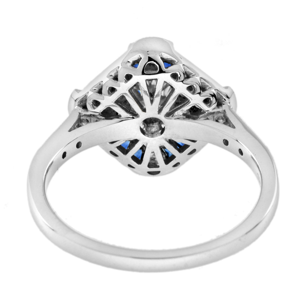 Blue Aquamarine & Blue Sapphire Diamond Halo Art Deco Style White Gold Ring