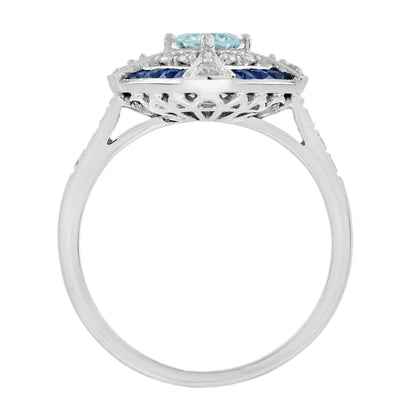 Blue Aquamarine &amp; Blue Sapphire Diamond Halo Art Deco Style White Gold Ring