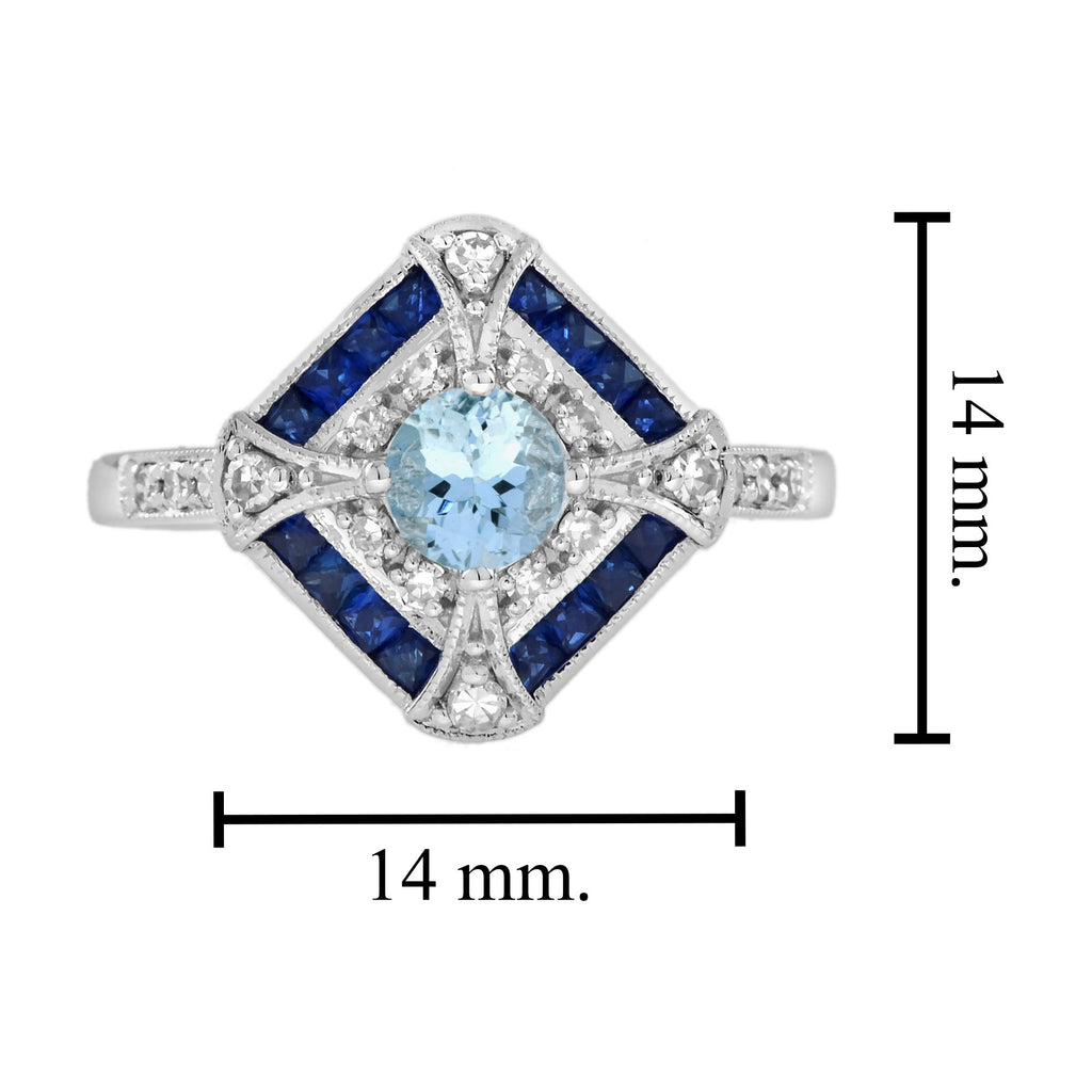 Blue Aquamarine & Blue Sapphire Diamond Halo Art Deco Style White Gold Ring