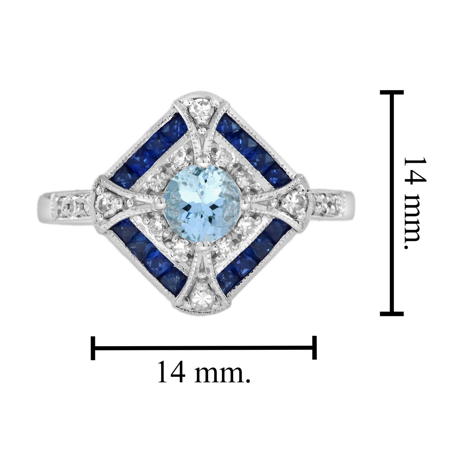 Blue Aquamarine &amp; Blue Sapphire Diamond Halo Art Deco Style White Gold Ring
