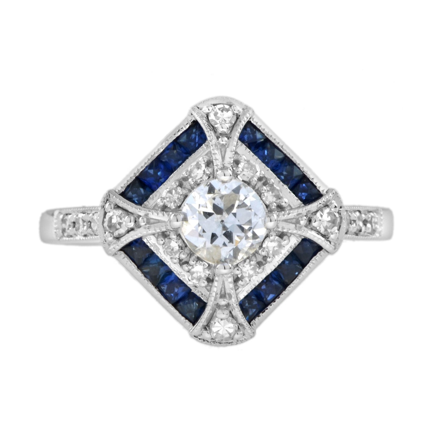 old cut diamond & halo diamond blue sapphire art deco style 18k white gold ring