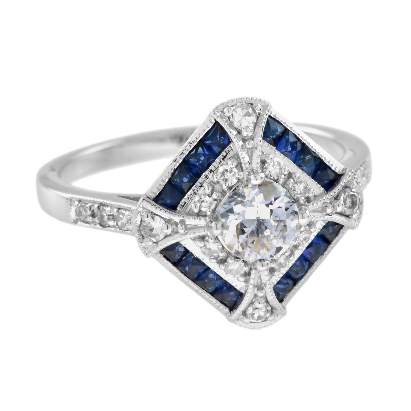 old cut diamond & halo diamond blue sapphire art deco style 18k white gold ring