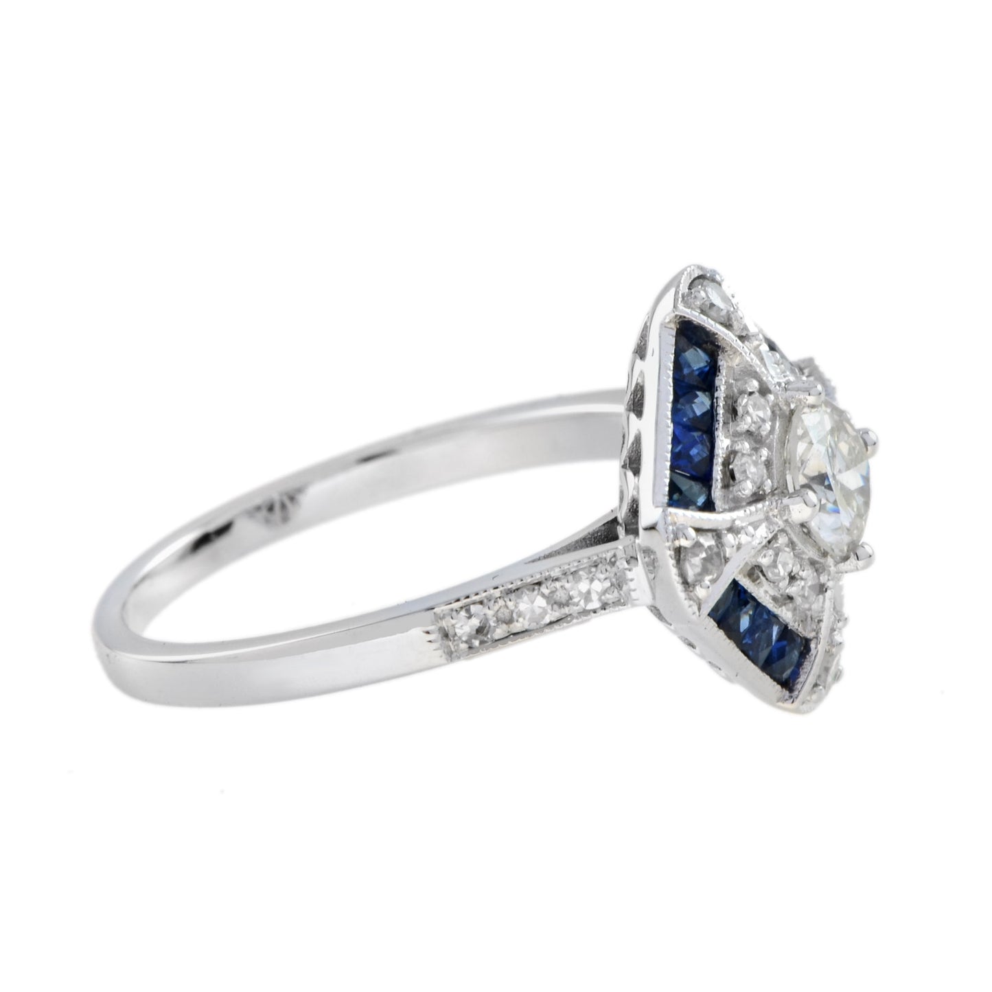 old cut diamond & halo diamond blue sapphire art deco style 18k white gold ring