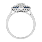 Old Cut Diamond & Halo Diamond Blue Sapphire Art Deco Style 18K White Gold Ring
