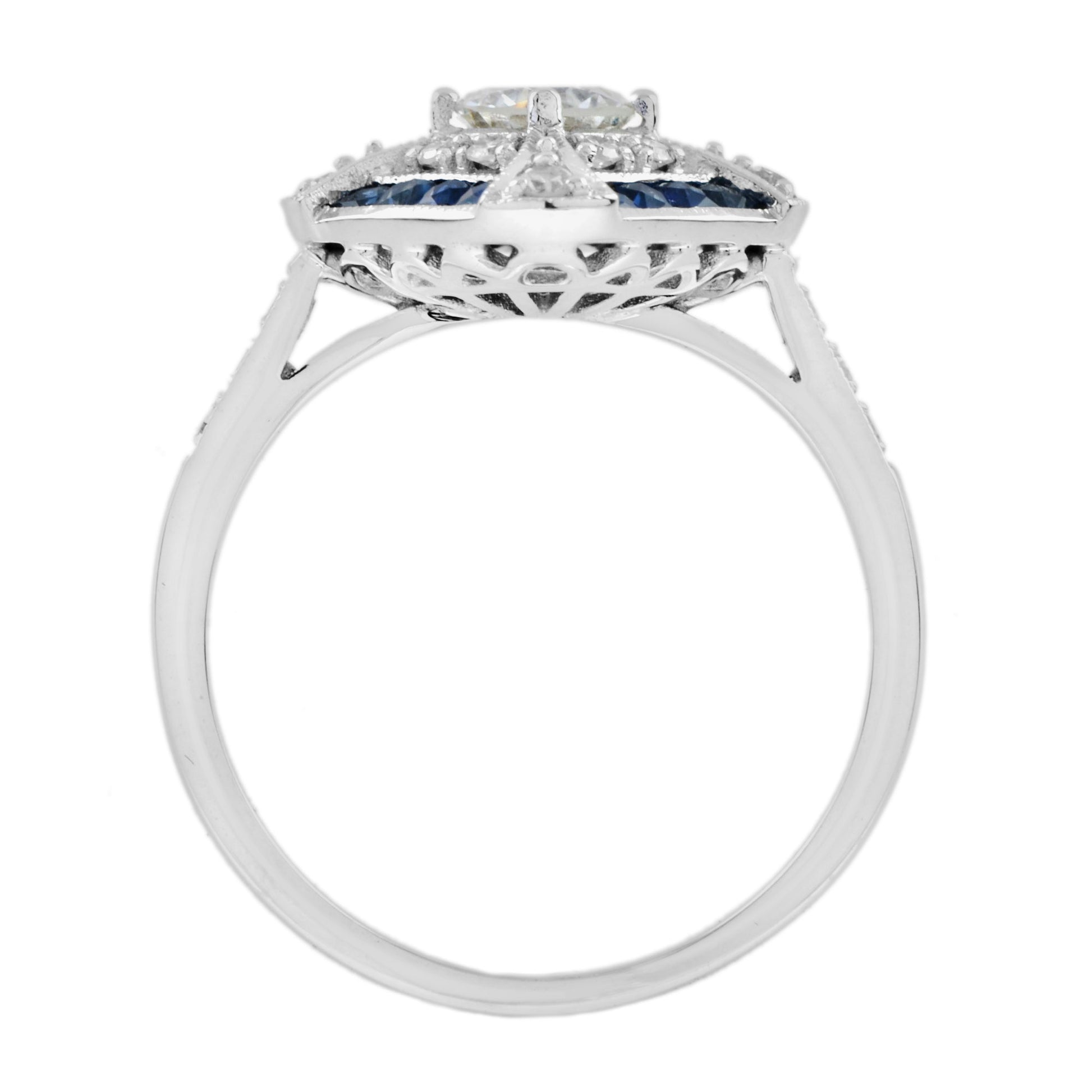 Old Cut Diamond & Halo Diamond Blue Sapphire Art Deco Style 18K White Gold Ring