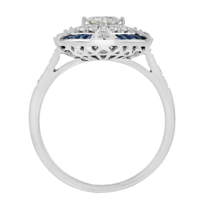 Old Cut Diamond & Halo Diamond Blue Sapphire Art Deco Style 18K White Gold Ring