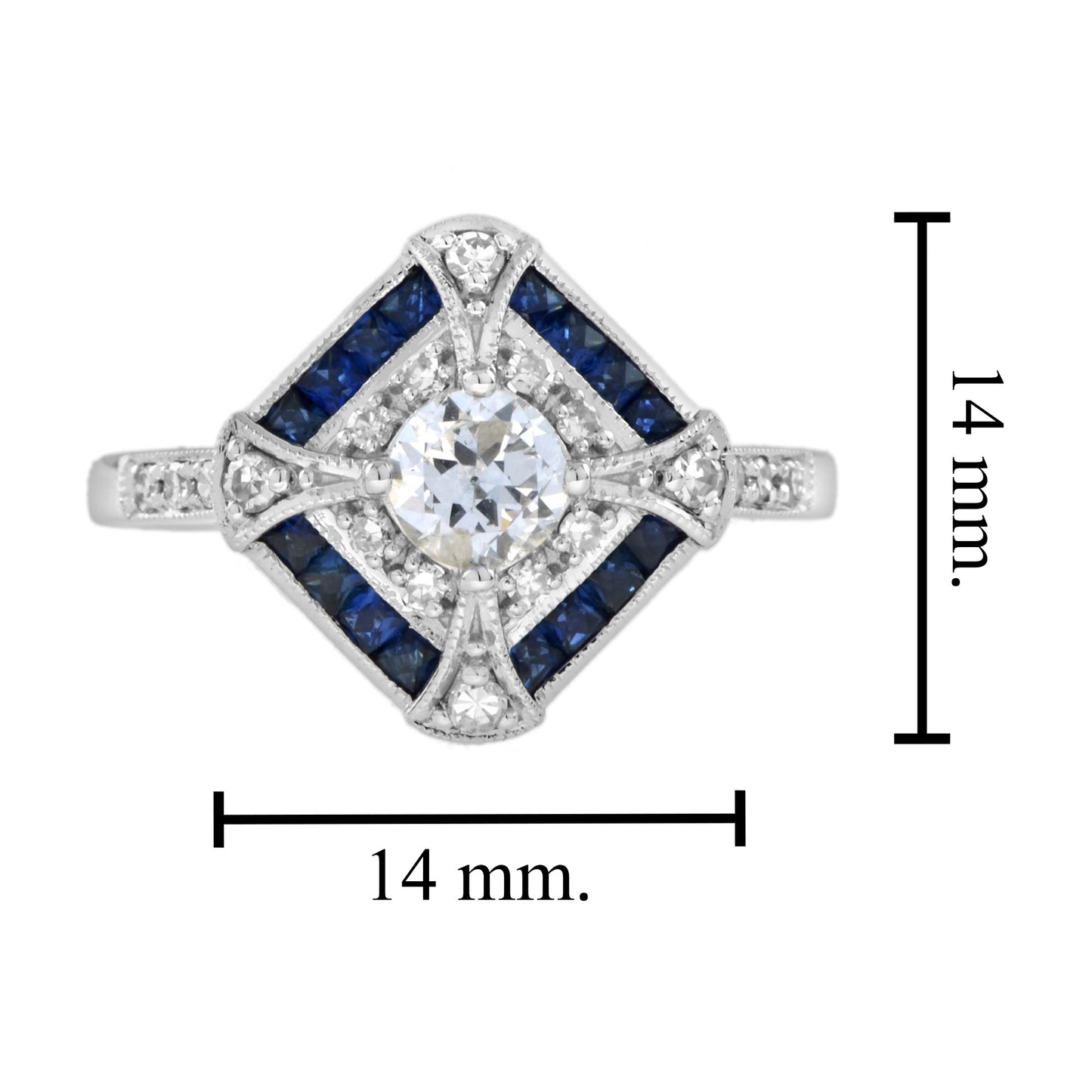 old cut diamond & halo diamond blue sapphire art deco style 18k white gold ring