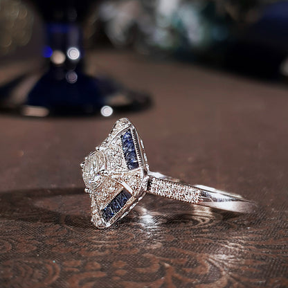 Old Cut Diamond & Halo Diamond Blue Sapphire Art Deco Style 18K White Gold Ring