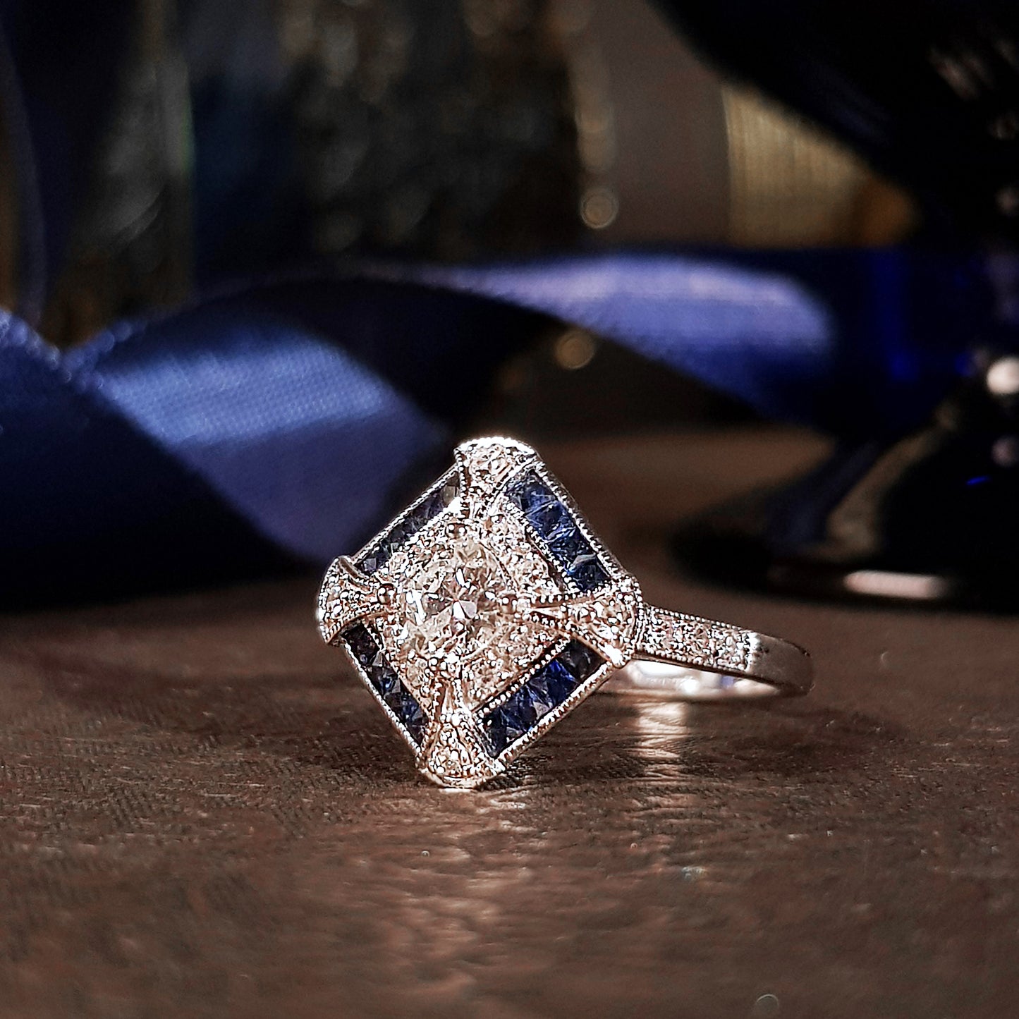 old cut diamond & halo diamond blue sapphire art deco style 18k white gold ring