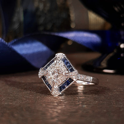Old Cut Diamond & Halo Diamond Blue Sapphire Art Deco Style 18K White Gold Ring