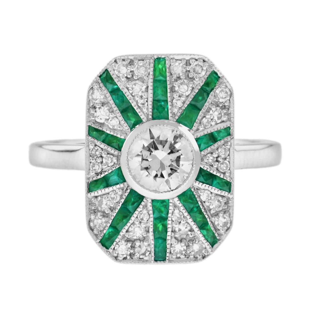 Diamond & Emerald Art Deco Style Halo Sunburst 14K White Gold Ring
