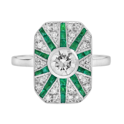 Diamond & Emerald Art Deco Style Halo Sunburst 14K White Gold Ring