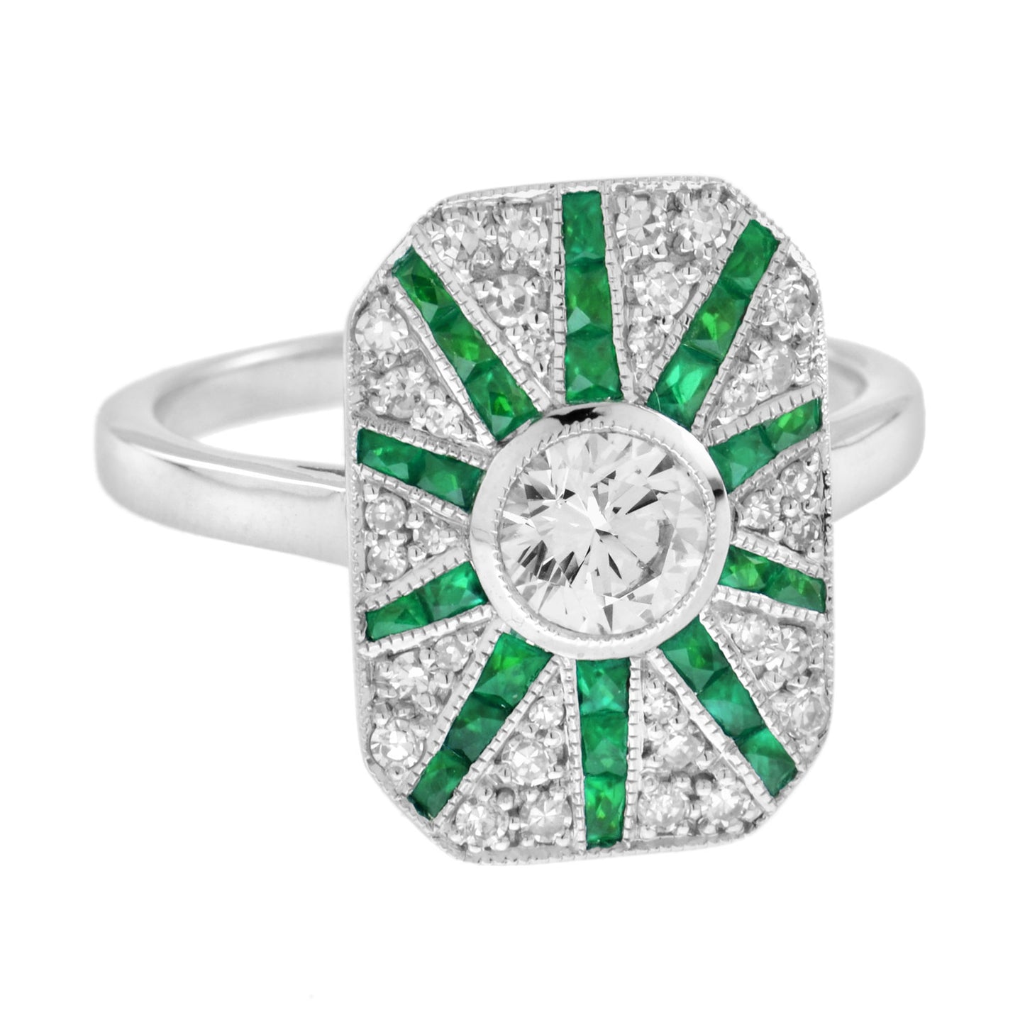 diamond & emerald art deco style halo sunburst 14k white gold ring