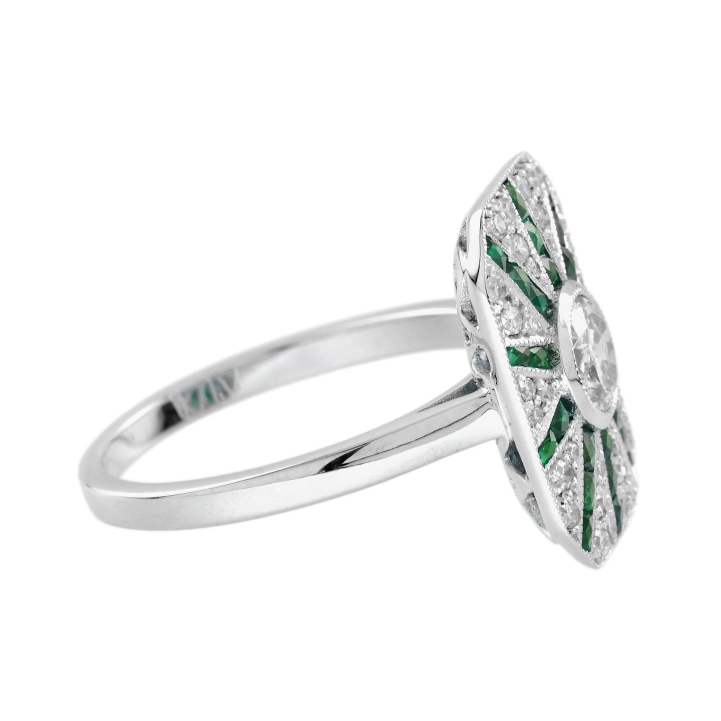 diamond & emerald art deco style halo sunburst 14k white gold ring