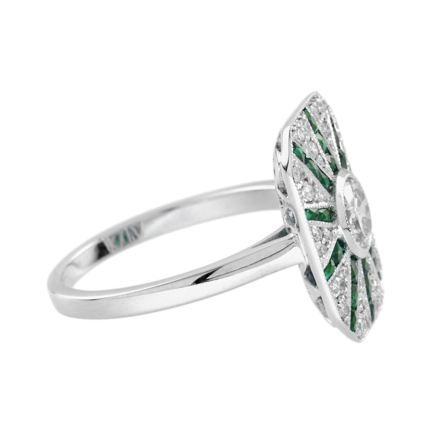 Diamond &amp; Emerald Art Deco Style Halo Sunburst 14K White Gold Ring