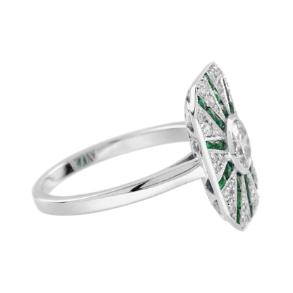 Diamond & Emerald Art Deco Style Halo Sunburst 14K White Gold Ring