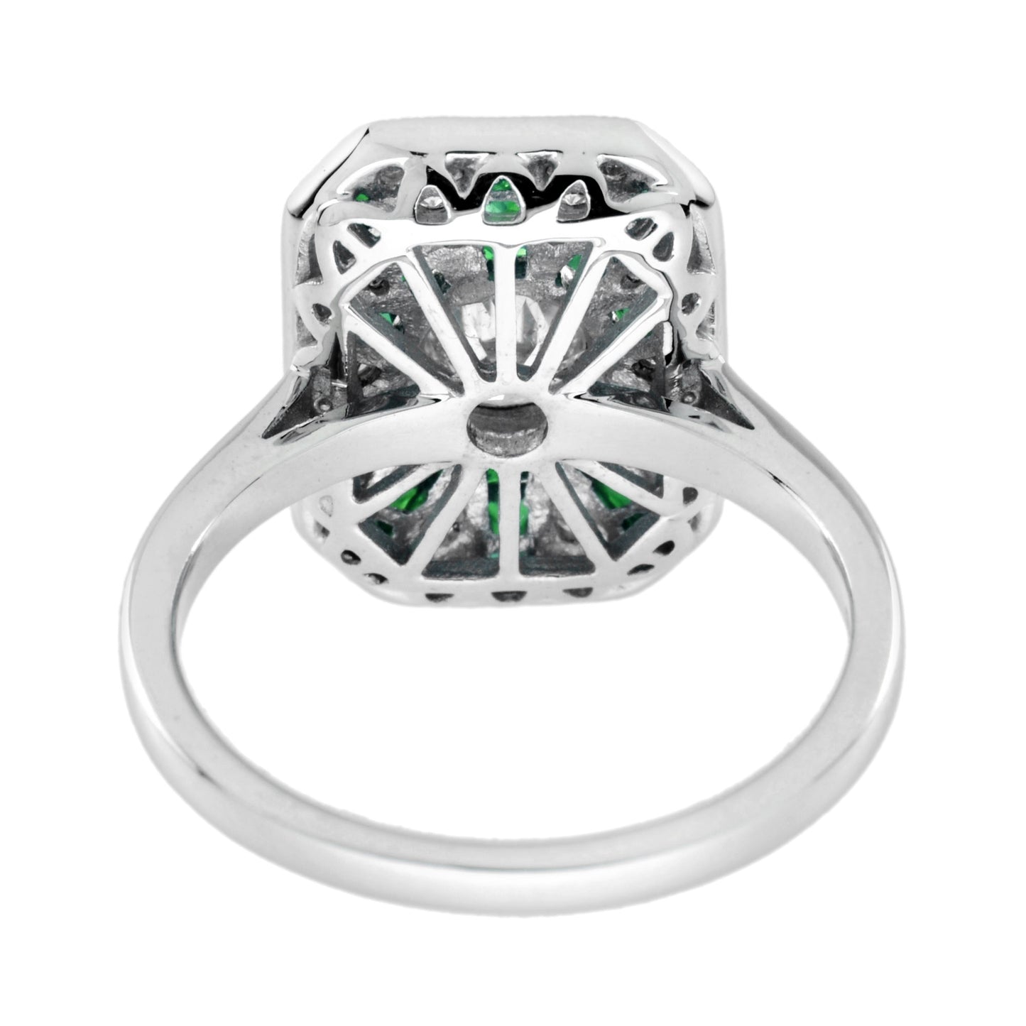 diamond & emerald art deco style halo sunburst 14k white gold ring