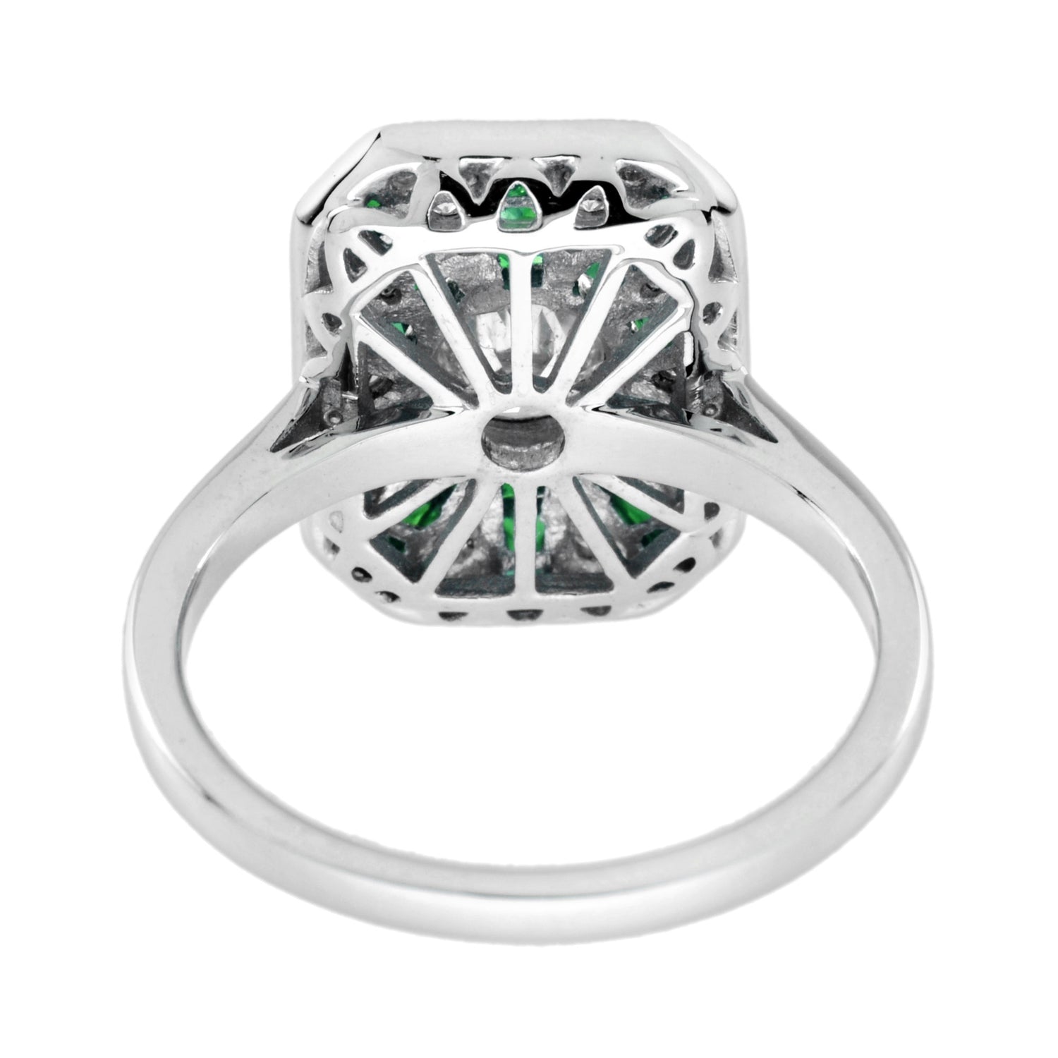 Diamond &amp; Emerald Art Deco Style Halo Sunburst 14K White Gold Ring