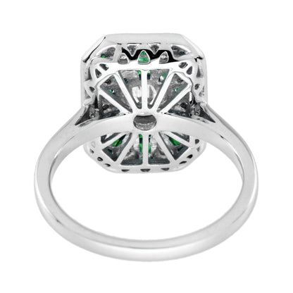 Diamond & Emerald Art Deco Style Halo Sunburst 14K White Gold Ring
