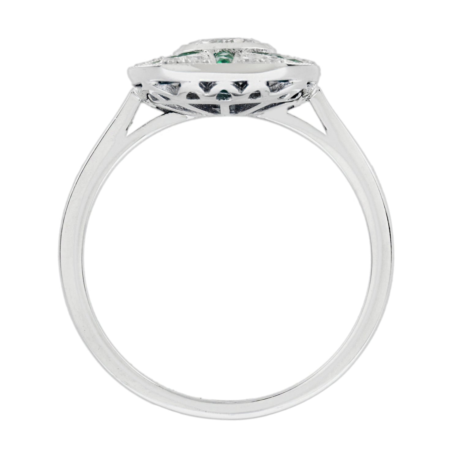 Diamond &amp; Emerald Art Deco Style Halo Sunburst 14K White Gold Ring