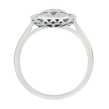 Diamond & Emerald Art Deco Style Halo Sunburst 14K White Gold Ring