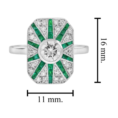 Diamond & Emerald Art Deco Style Halo Sunburst 14K White Gold Ring