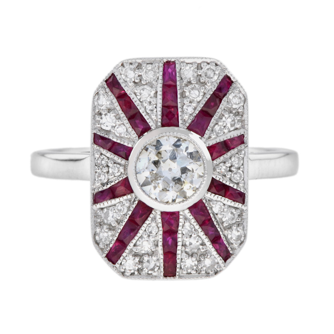 Old Cut Diamond &amp; Ruby Art Deco Style Pave Ring Sunburst 18K White Gold Ring