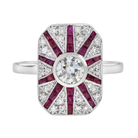 Old Cut Diamond & Ruby Art Deco Style Pave Ring Sunburst 18K White Gold Ring