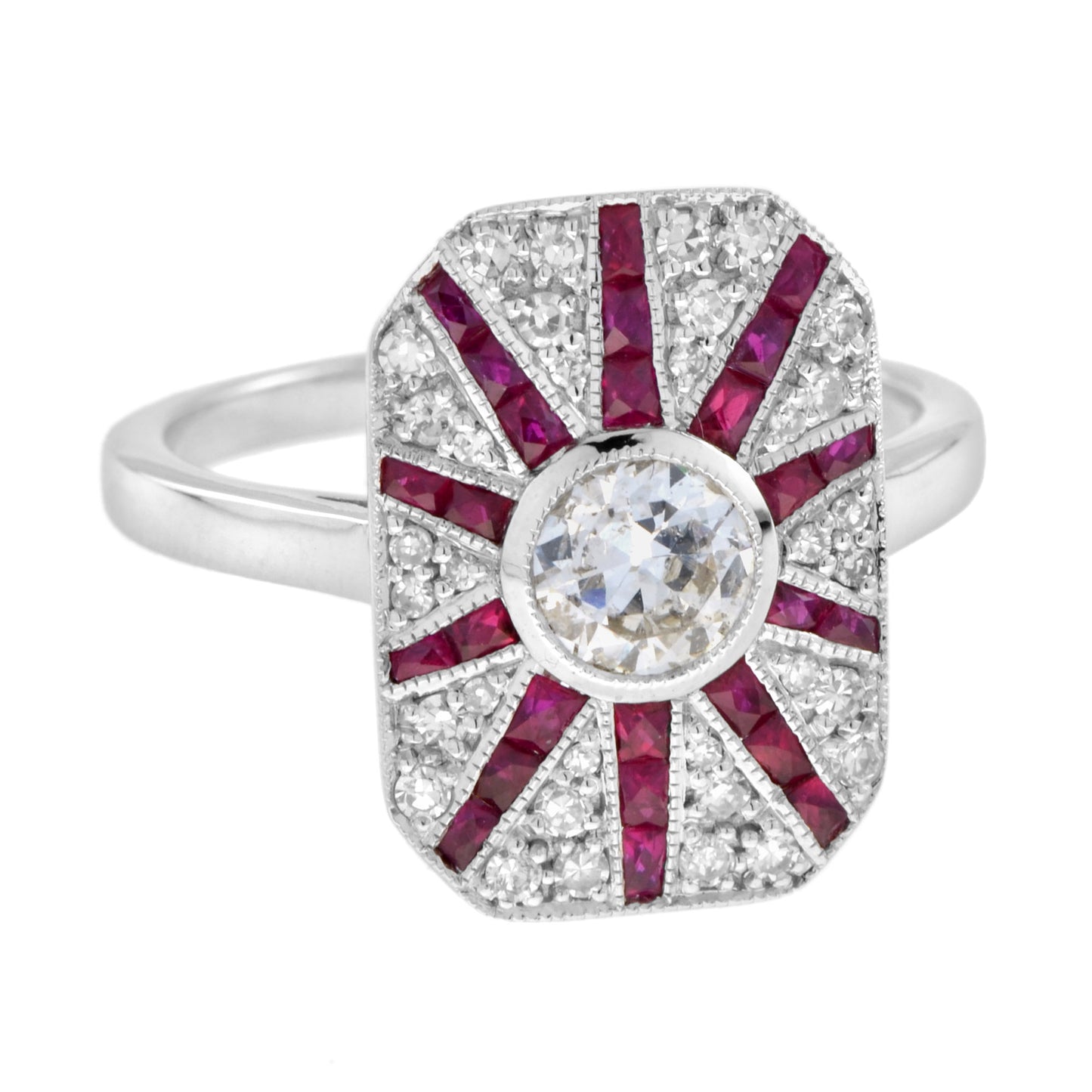 old cut diamond & ruby art deco style pave ring sunburst 18k white gold ring