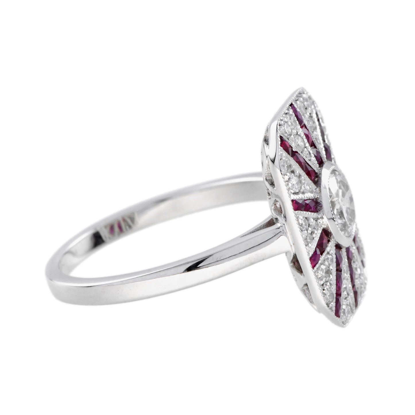 old cut diamond & ruby art deco style pave ring sunburst 18k white gold ring