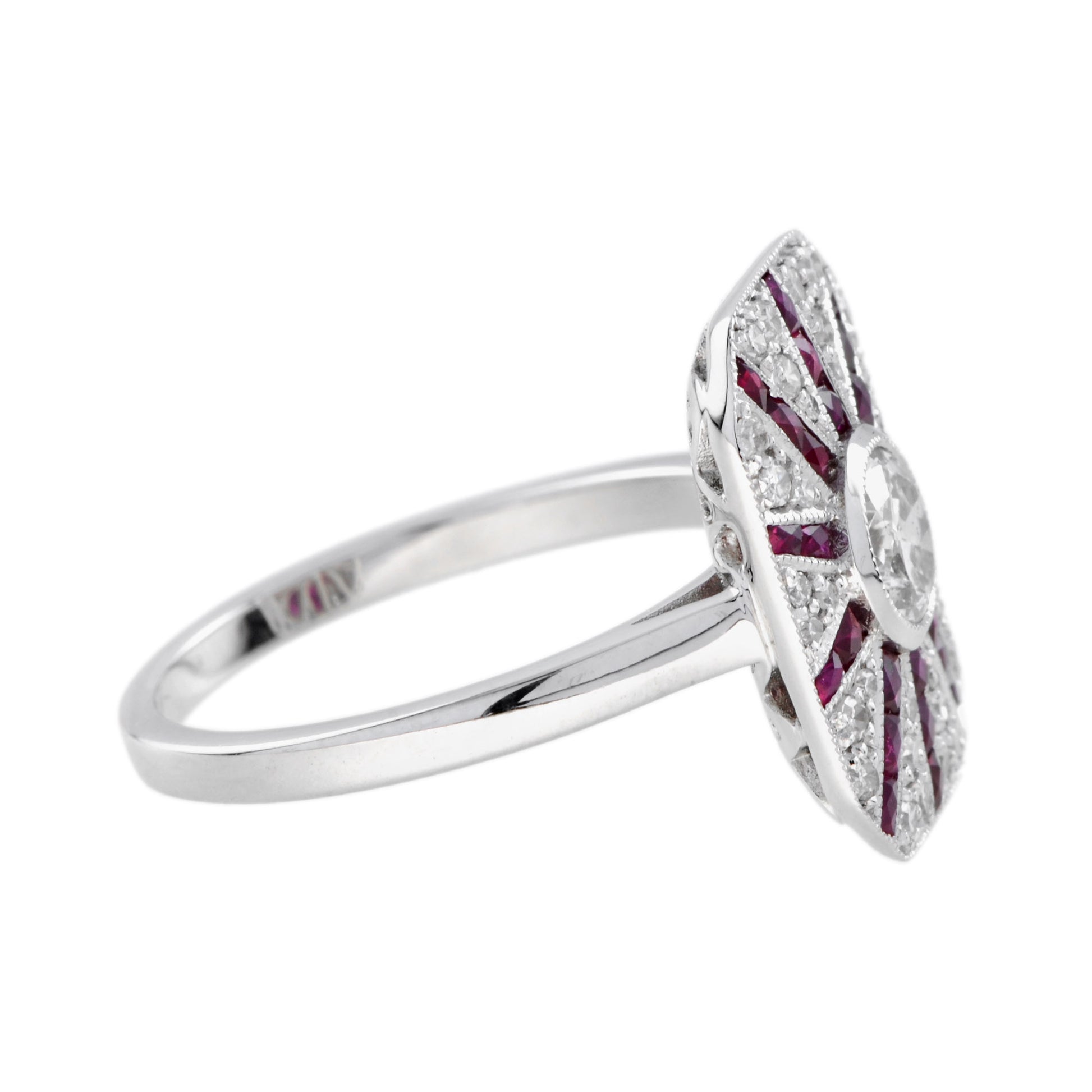 Old Cut Diamond & Ruby Art Deco Style Pave Ring Sunburst 18K White Gold Ring