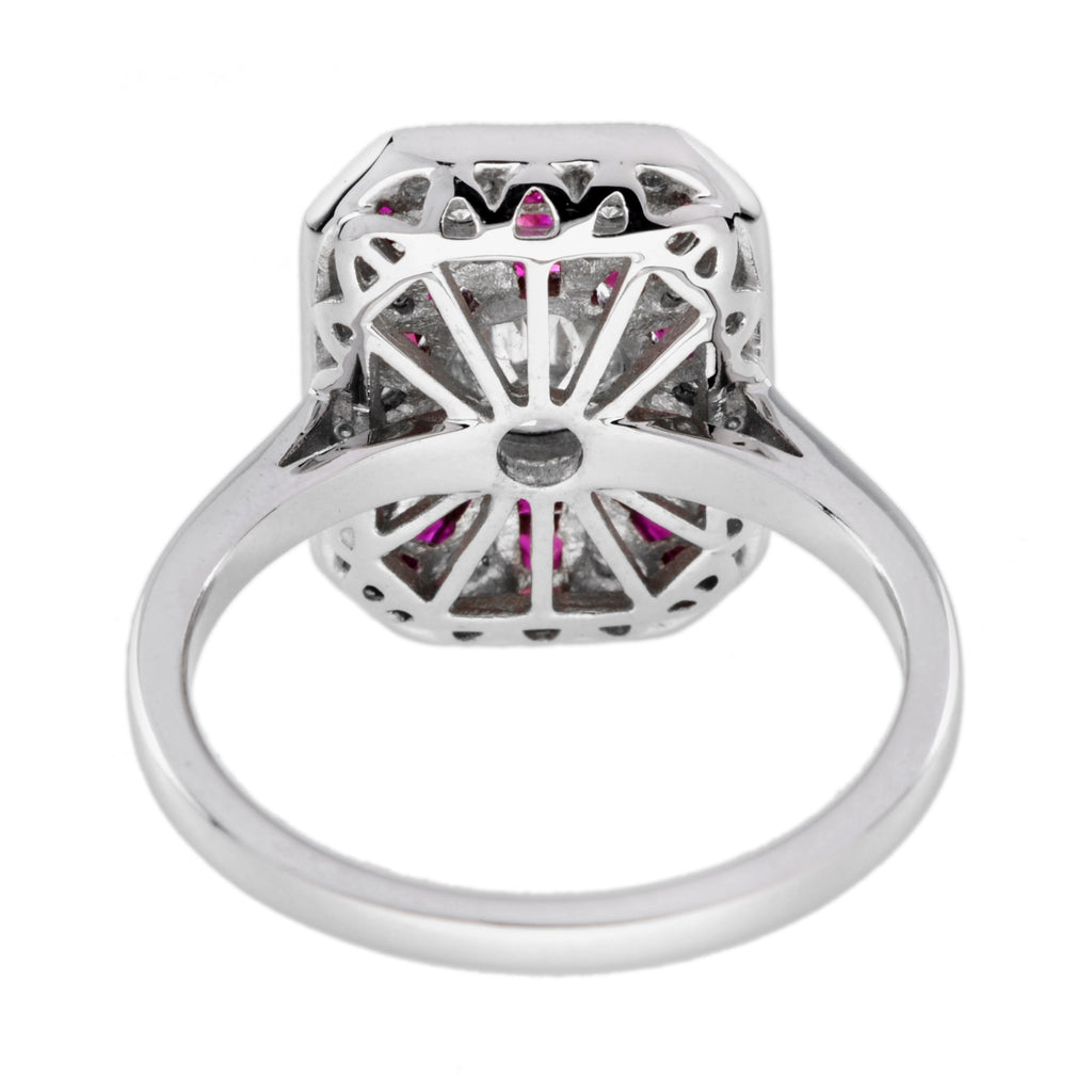 Old Cut Diamond & Ruby Art Deco Style Pave Ring Sunburst 18K White Gold Ring