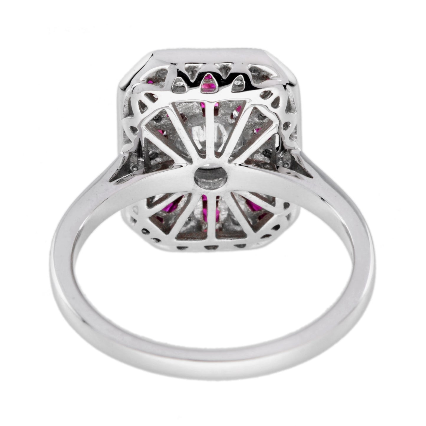 old cut diamond & ruby art deco style pave ring sunburst 18k white gold ring