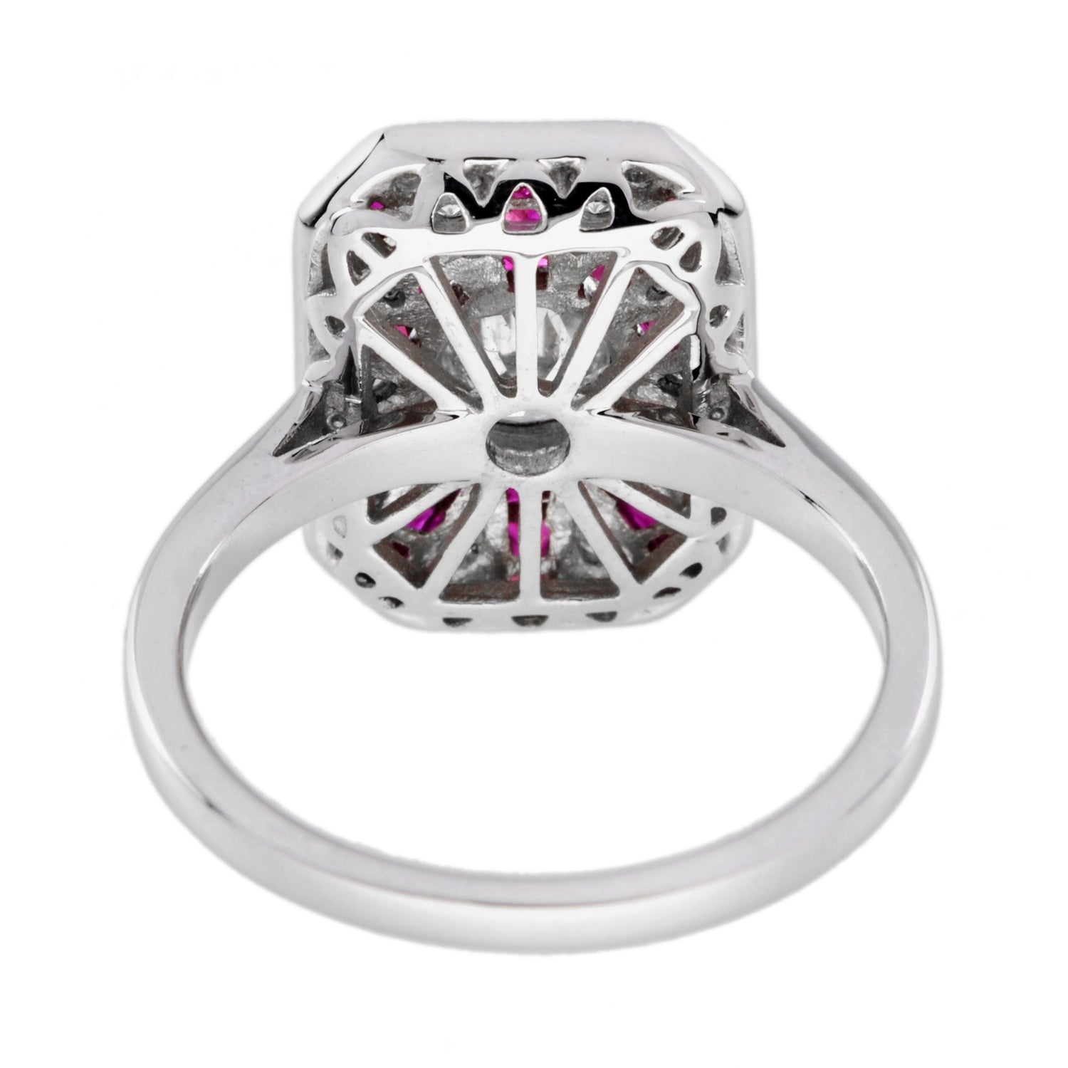 Old Cut Diamond &amp; Ruby Art Deco Style Pave Ring Sunburst 18K White Gold Ring