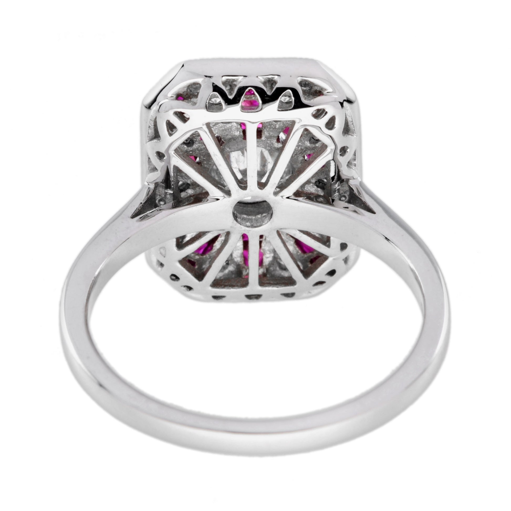 Old Cut Diamond & Ruby Art Deco Style Pave Ring Sunburst 18K White Gold Ring