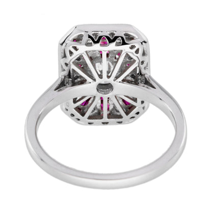 Old Cut Diamond & Ruby Art Deco Style Pave Ring Sunburst 18K White Gold Ring
