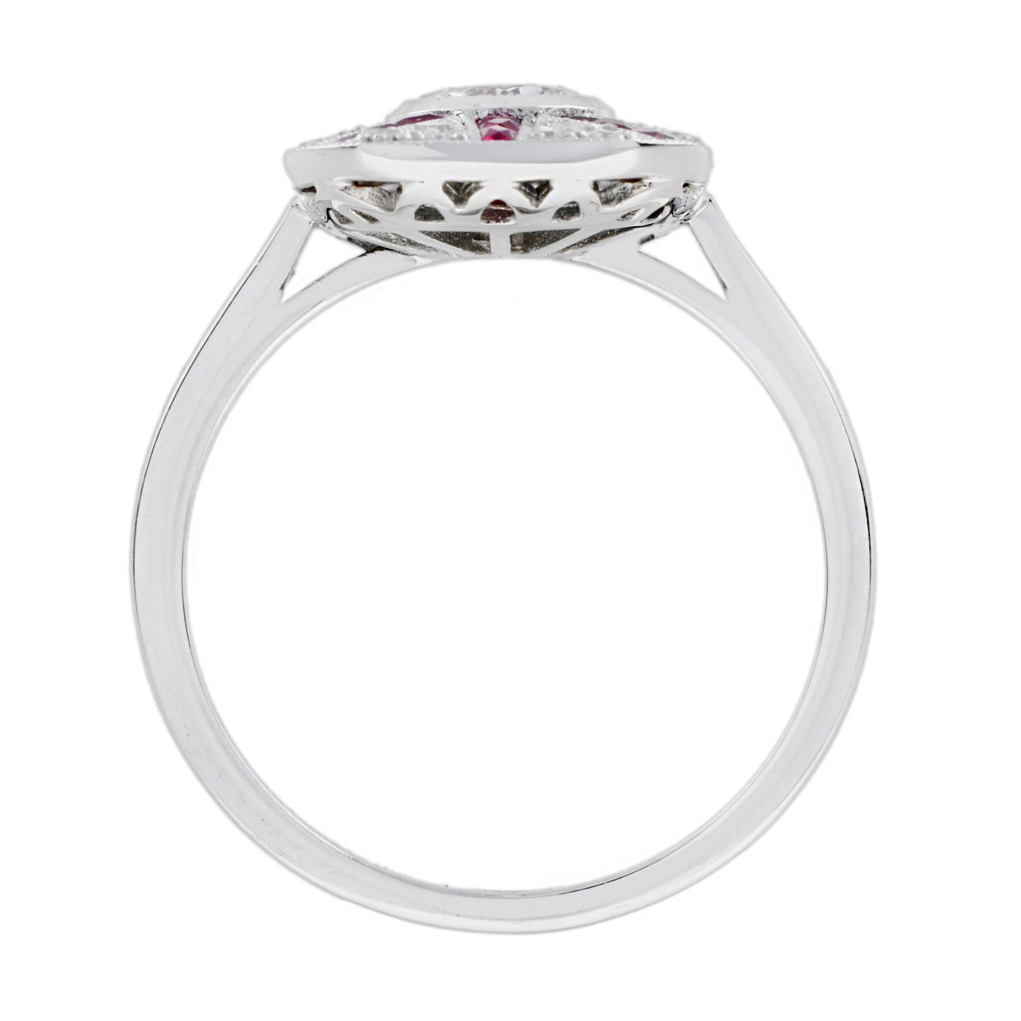 old cut diamond & ruby art deco style pave ring sunburst 18k white gold ring