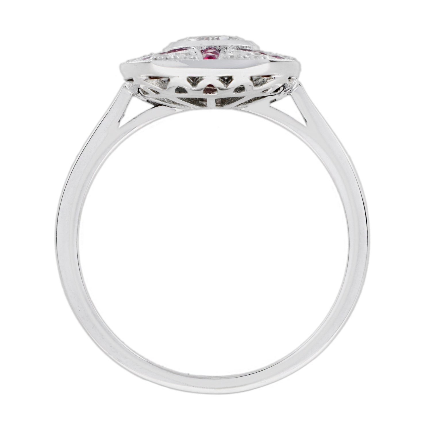 Old Cut Diamond &amp; Ruby Art Deco Style Pave Ring Sunburst 18K White Gold Ring