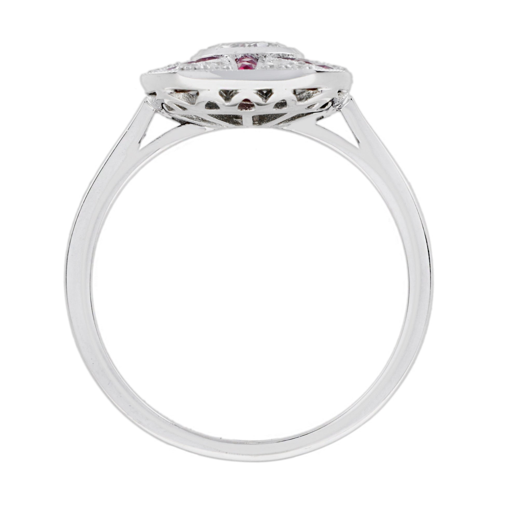 Old Cut Diamond & Ruby Art Deco Style Pave Ring Sunburst 18K White Gold Ring